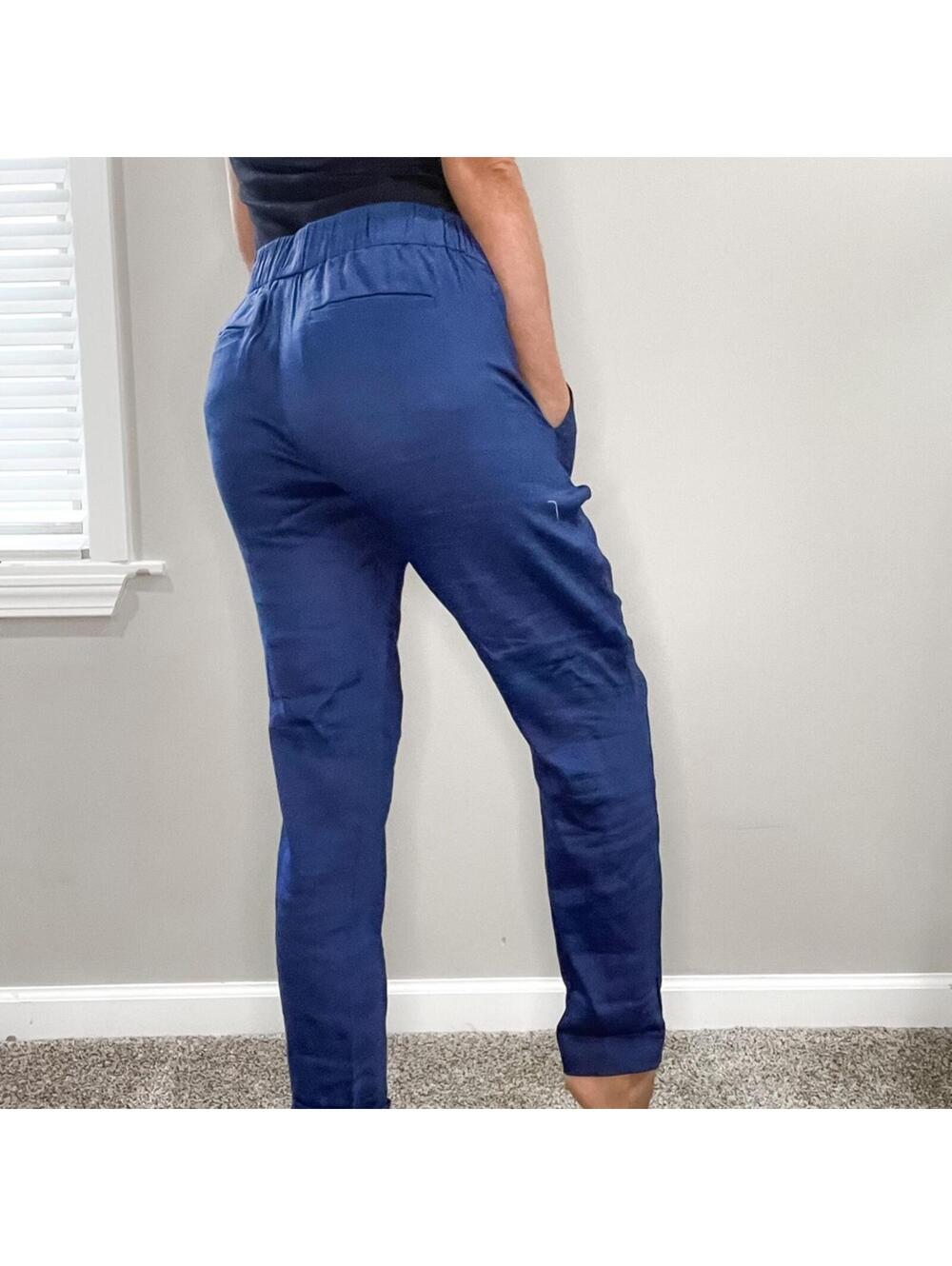 VINCE - blue linen pull on pants size 6 foldover cuff bottom adjustable waste